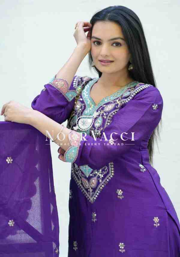 Elegant Chinon Suit with Coding Sequence Embroidery & Sharara Flair - Image 5