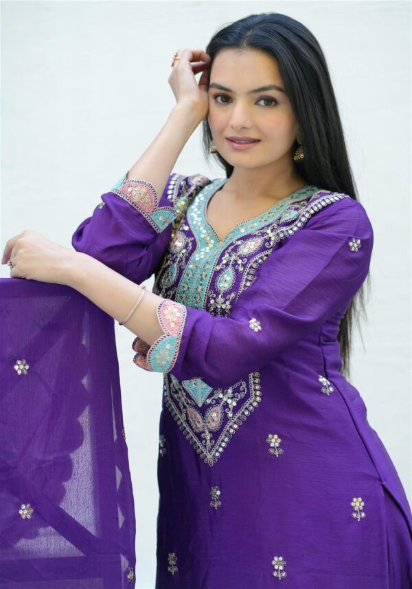 Shop Elegant Chinon Suit with Coding Sequence Embroidery & Sharara Flair - Image 5