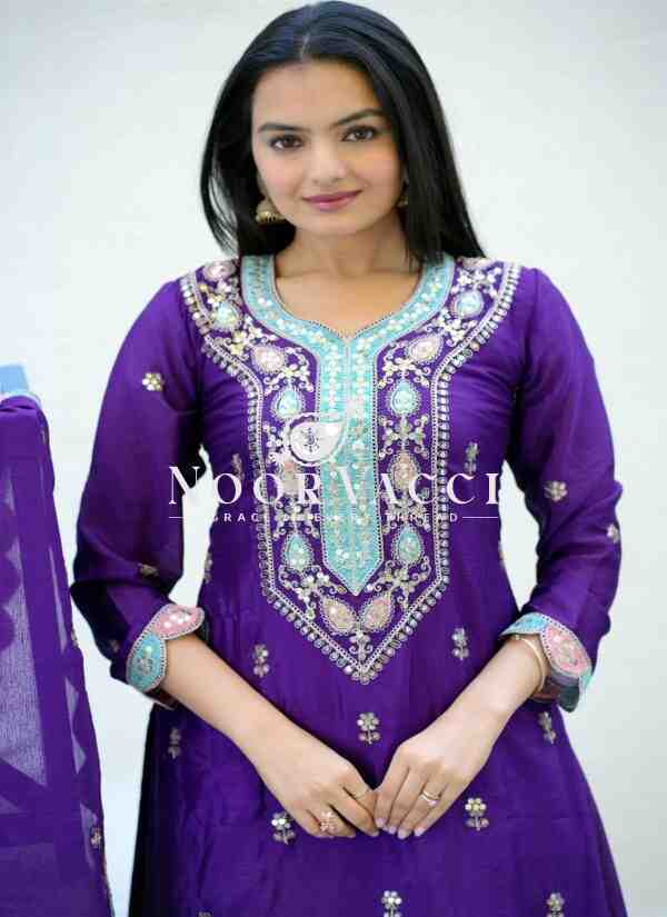 Elegant Chinon Suit with Coding Sequence Embroidery & Sharara Flair - Image 6