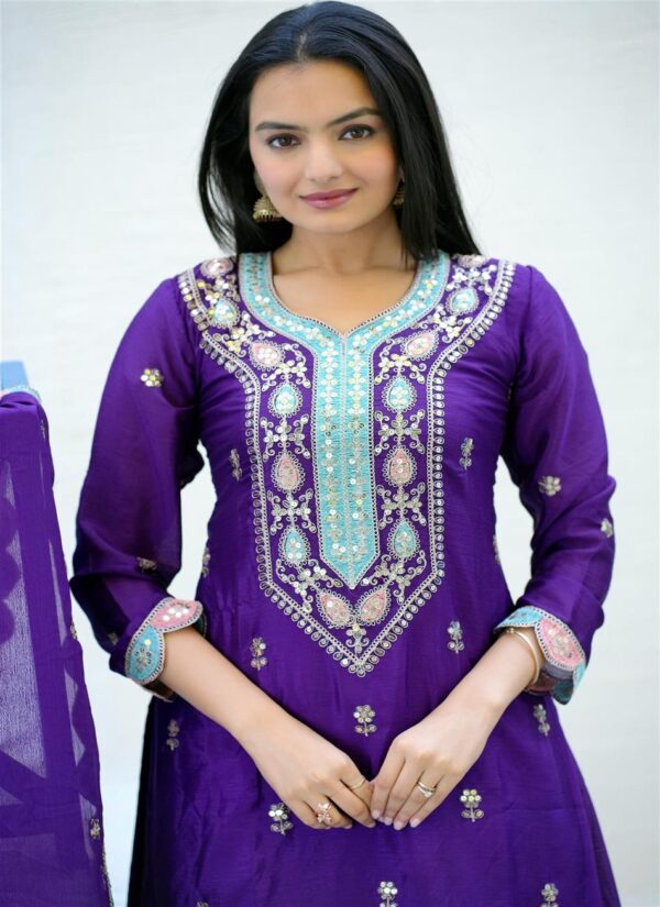 Shop Elegant Chinon Suit with Coding Sequence Embroidery & Sharara Flair - Image 6