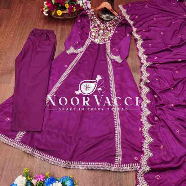 Designer Chinon Gown with Coding Sequence Embroidery – Elegant Ethnic Wear with Dupatta - Image 8