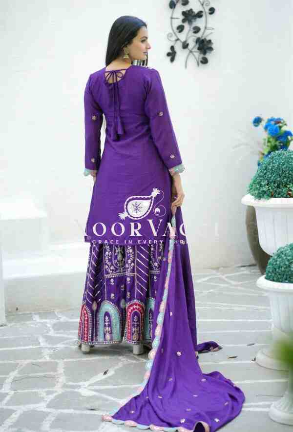 Elegant Chinon Suit with Coding Sequence Embroidery & Sharara Flair - Image 7
