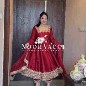Elegant Vichitra Silk Embroidered Anarkali Gown with Dupatta & Plazzo Set
