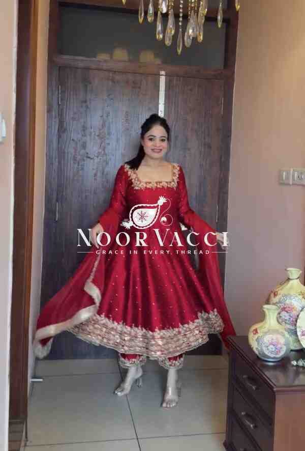 Elegant Vichitra Silk Embroidered Anarkali Gown with Dupatta & Plazzo Set