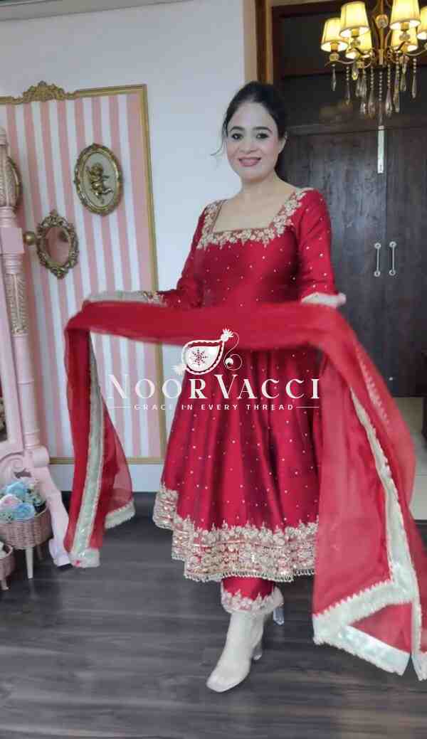 Elegant Vichitra Silk Embroidered Anarkali Gown with Dupatta & Plazzo Set - Image 4