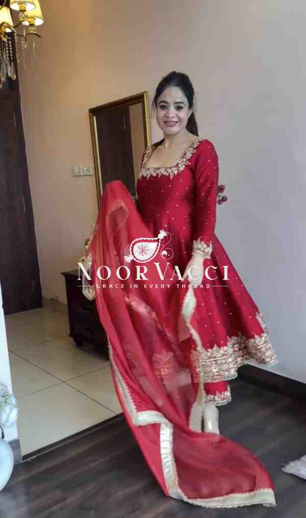 Elegant Vichitra Silk Embroidered Anarkali Gown with Dupatta & Plazzo Set - Image 2