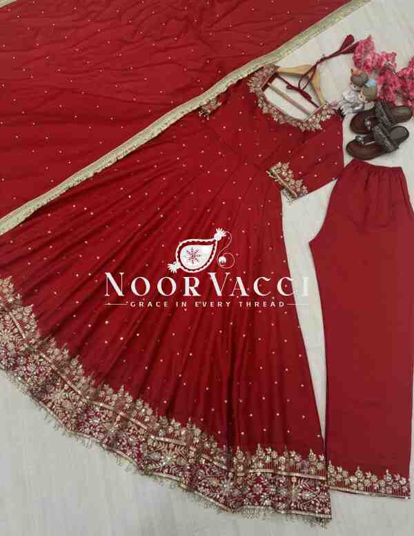 Elegant Vichitra Silk Embroidered Anarkali Gown with Dupatta & Plazzo Set - Image 6