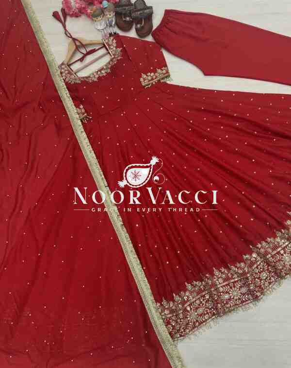 Elegant Vichitra Silk Embroidered Anarkali Gown with Dupatta & Plazzo Set - Image 8