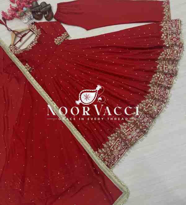 Elegant Vichitra Silk Embroidered Anarkali Gown with Dupatta & Plazzo Set - Image 7