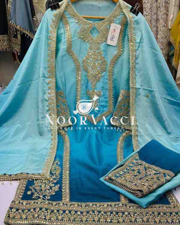 Dual Tone Chinon Silk Embroidered Plazzo Set with Fancy Latkan Dupatta - Image 2