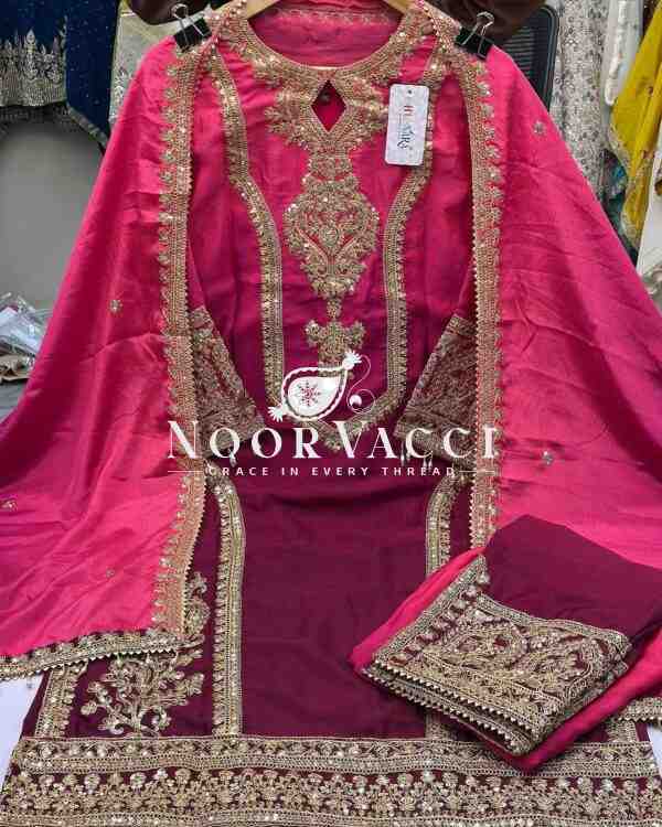 Dual Tone Chinon Silk Embroidered Plazzo Set with Fancy Latkan Dupatta - Image 2
