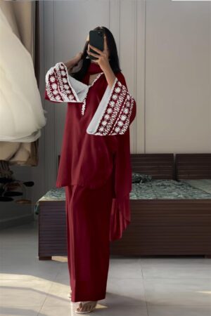 Buy Natural Satin Embroidered Top with Farshi Plazzo and Dupatta Set
