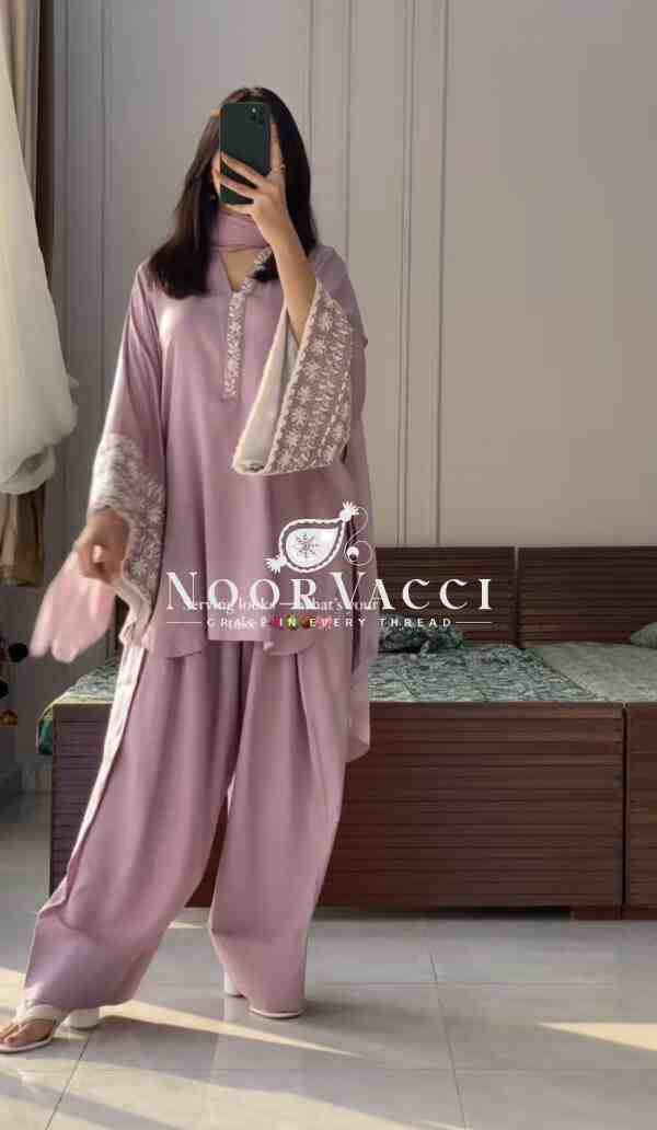 Natural Satin Embroidered Top with Farshi Plazzo and Dupatta Set