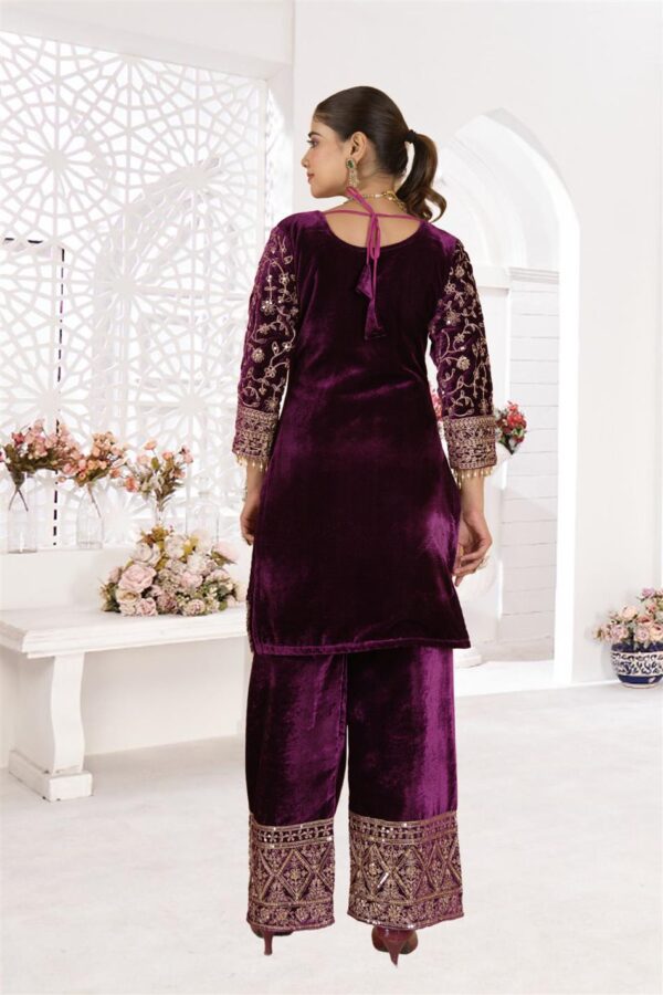 Buy Heavy Viscose Velvet Embroidered Suit Set with Dupatta – Fully Stitched - Image 4