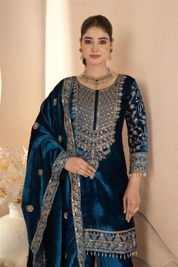 Buy Heavy Viscose Velvet Embroidered Suit Set with Dupatta – Fully Stitched - Image 3