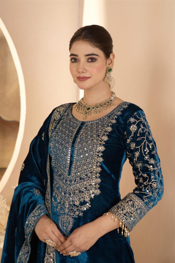 Buy Heavy Viscose Velvet Embroidered Suit Set with Dupatta – Fully Stitched - Image 4
