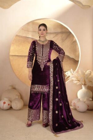 Buy Heavy Viscose Velvet Embroidered Suit Set with Dupatta – Fully Stitched