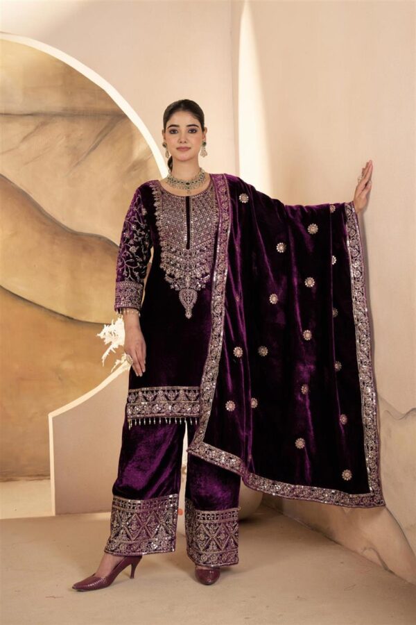 Buy Heavy Viscose Velvet Embroidered Suit Set with Dupatta – Fully Stitched - Image 2