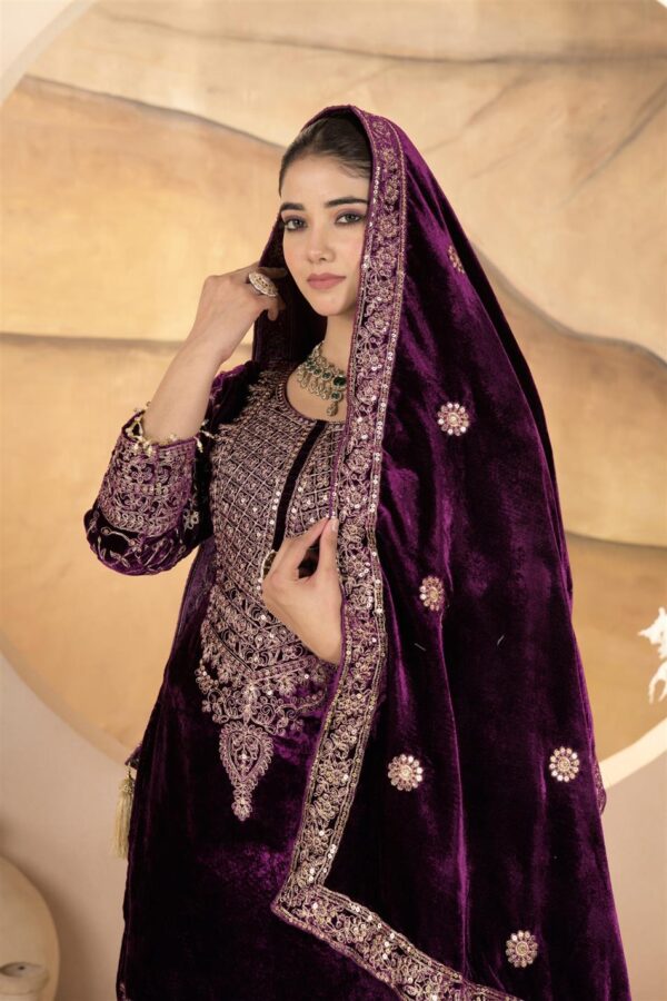 Buy Heavy Viscose Velvet Embroidered Suit Set with Dupatta – Fully Stitched - Image 3