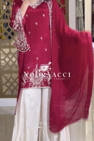 Buy Premium Chinon Silk Embroidered Designer Top Plazzo & Dupatta Set – Party Wear Collection