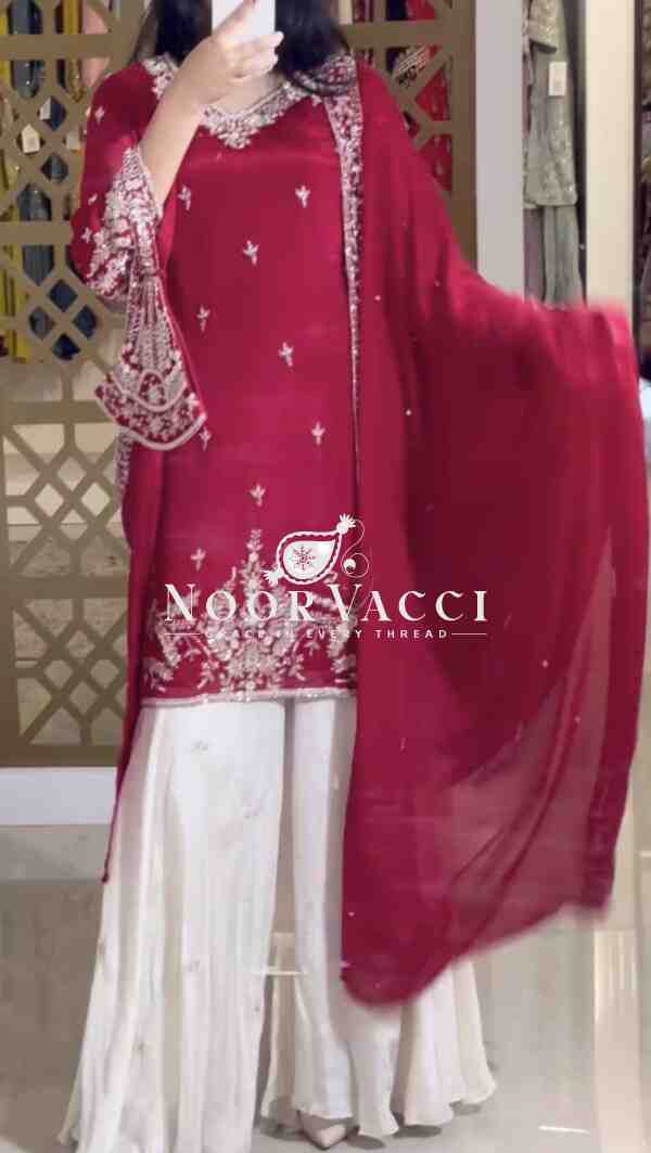 Premium Chinon Silk Embroidered Designer Top Plazzo & Dupatta Set – Party Wear Collection
