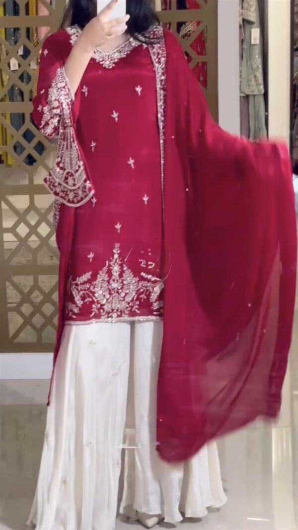 Buy Premium Chinon Silk Embroidered Designer Top Plazzo & Dupatta Set – Party Wear Collection