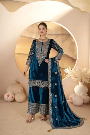 Buy Heavy Viscose Velvet Embroidered Suit Set with Dupatta – Fully Stitched