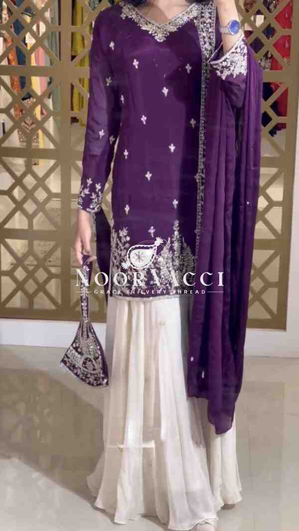 Premium Chinon Silk Embroidered Designer Top Plazzo & Dupatta Set