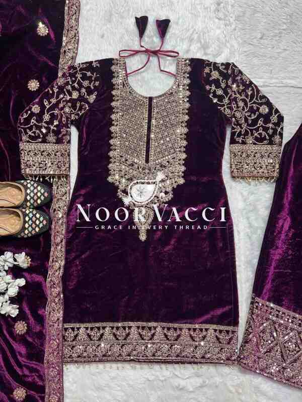 Heavy Viscose Velvet Embroidered Suit Set with Dupatta – Fully Stitched - Image 6