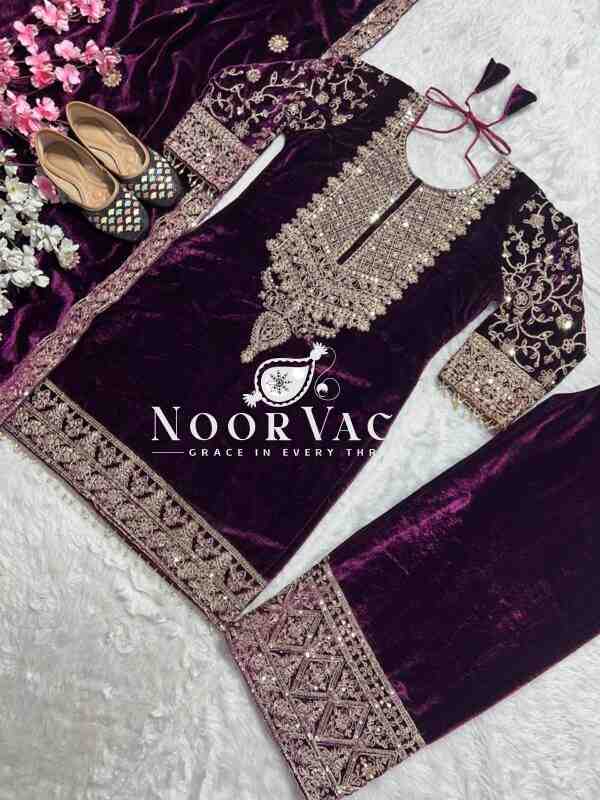 Heavy Viscose Velvet Embroidered Suit Set with Dupatta – Fully Stitched - Image 5