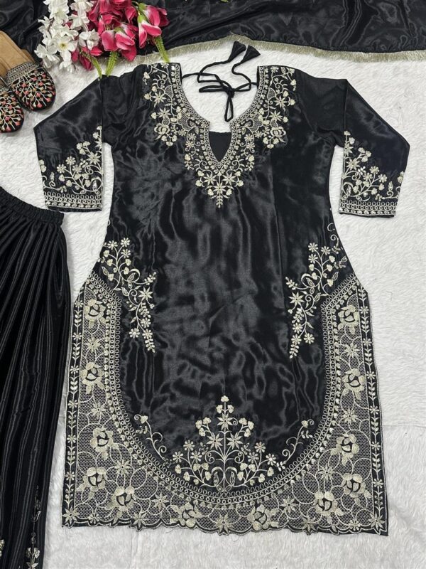 Shop Chinon Silk Sharara Plazzo Set with Dupatta – Party Wear Embroidered Ensemble - Image 7