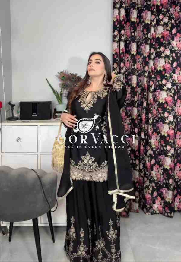 Chinon Silk Sharara Plazzo Set with Dupatta – Party Wear Embroidered Ensemble - Image 3
