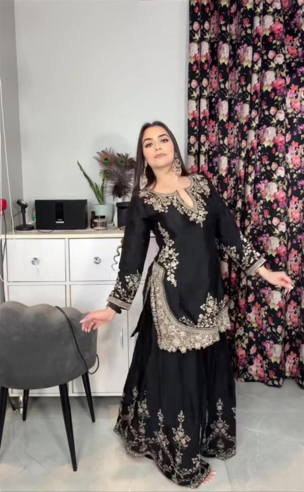 Shop Chinon Silk Sharara Plazzo Set with Dupatta – Party Wear Embroidered Ensemble - Image 4