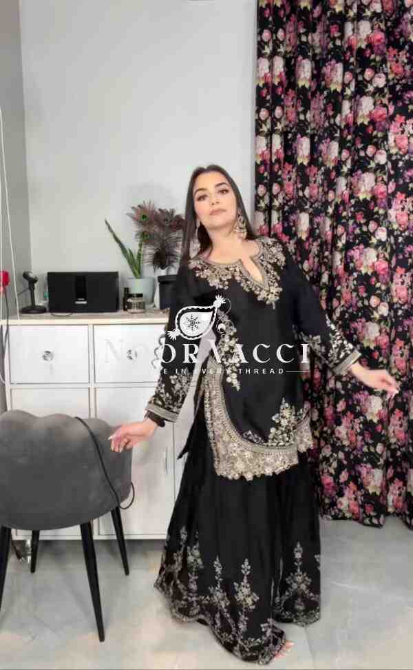 Chinon Silk Sharara Plazzo Set with Dupatta – Party Wear Embroidered Ensemble - Image 4