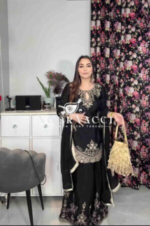 Shop Chinon Silk Sharara Plazzo Set with Dupatta – Party Wear Embroidered Ensemble