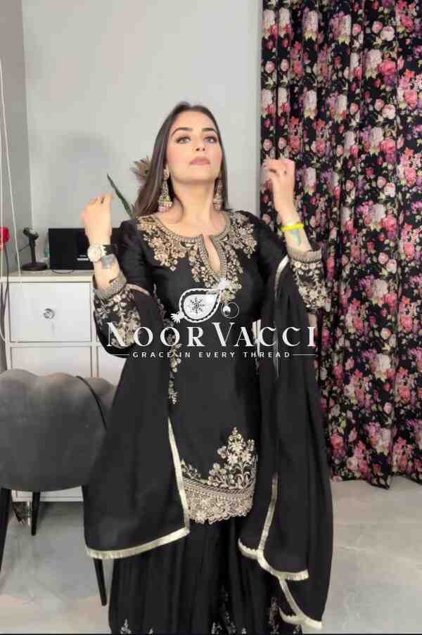 Chinon Silk Sharara Plazzo Set with Dupatta – Party Wear Embroidered Ensemble - Image 6