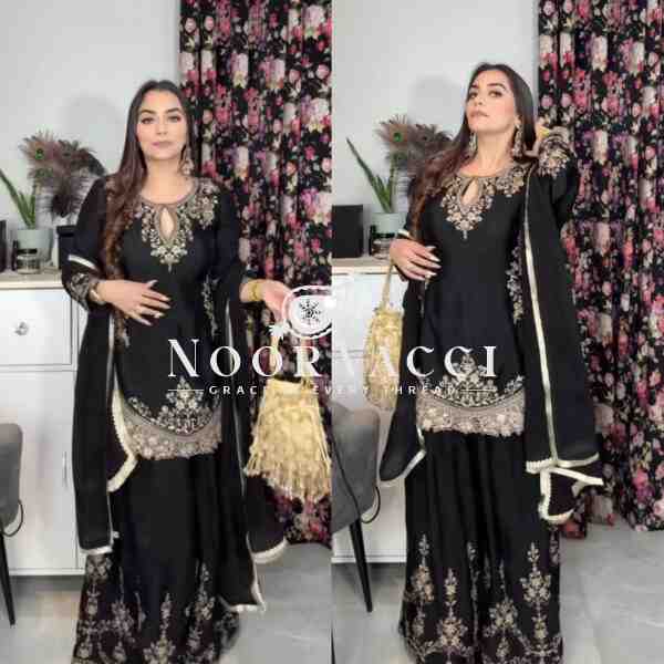 Chinon Silk Sharara Plazzo Set with Dupatta – Party Wear Embroidered Ensemble - Image 2