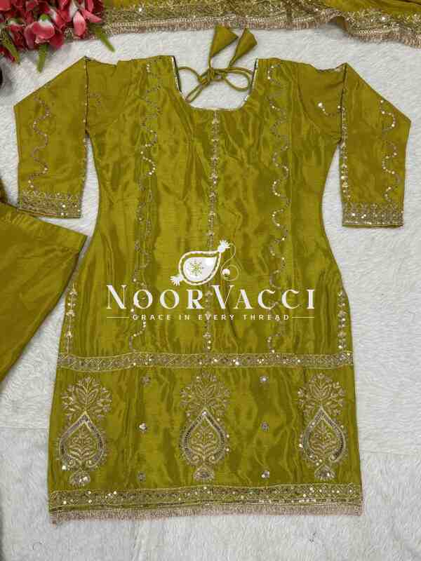 Chinon Silk Embroidered Sharara Plazzo Set with Dupatta – Elegant Festive Ensemble - Image 4