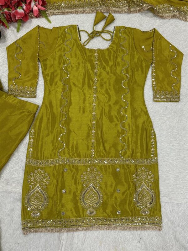 Shop Chinon Silk Embroidered Sharara Plazzo Set with Dupatta – Elegant Festive Ensemble - Image 4