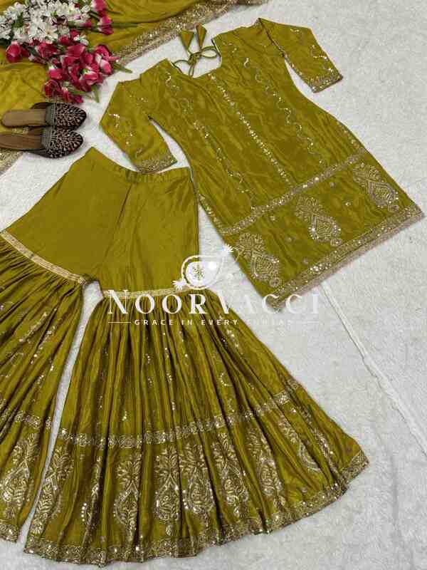 Chinon Silk Embroidered Sharara Plazzo Set with Dupatta – Elegant Festive Ensemble - Image 5