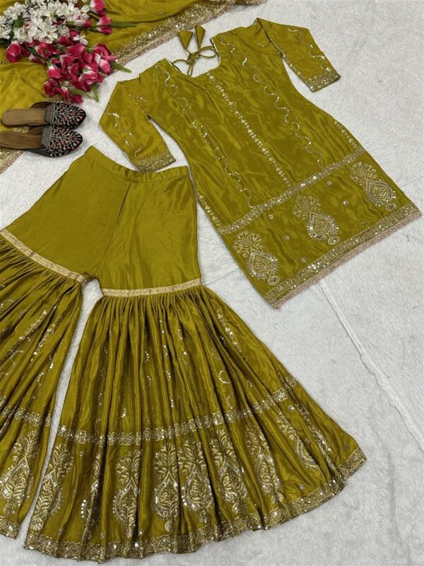Shop Chinon Silk Embroidered Sharara Plazzo Set with Dupatta – Elegant Festive Ensemble - Image 5