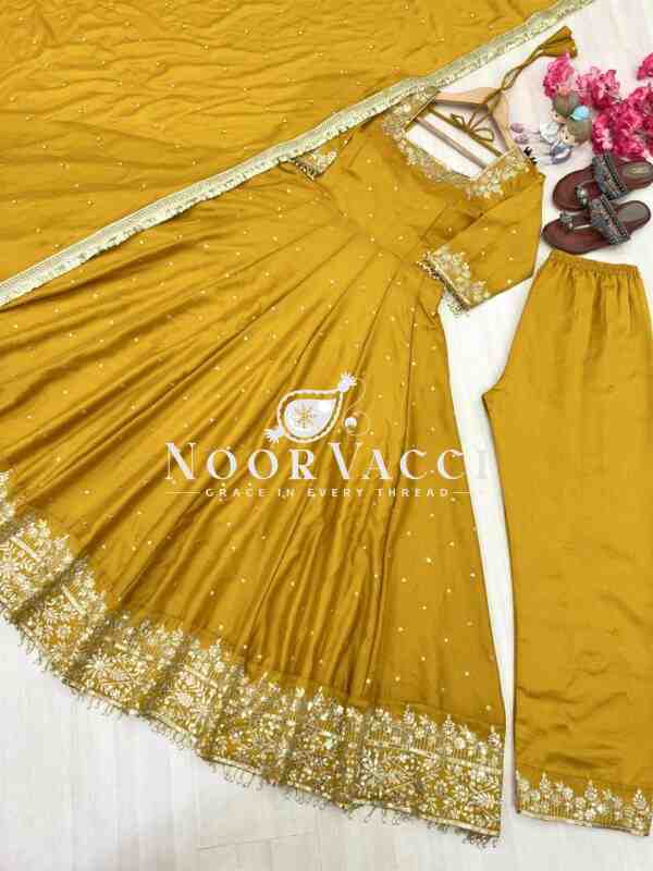 Premium Party Wear Pur Vichitra Silk Anarkali Gown, Dupatta & Pent Plazzo Set - Image 3