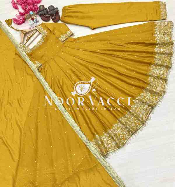 Premium Party Wear Pur Vichitra Silk Anarkali Gown, Dupatta & Pent Plazzo Set - Image 4