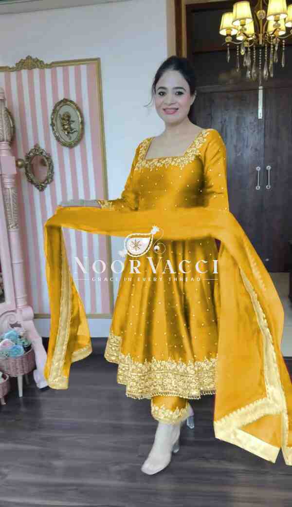 Premium Party Wear Pur Vichitra Silk Anarkali Gown, Dupatta & Pent Plazzo Set - Image 2