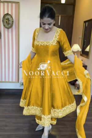 Shop Premium Party Wear Pur Vichitra Silk Anarkali Gown, Dupatta & Pent Plazzo Set