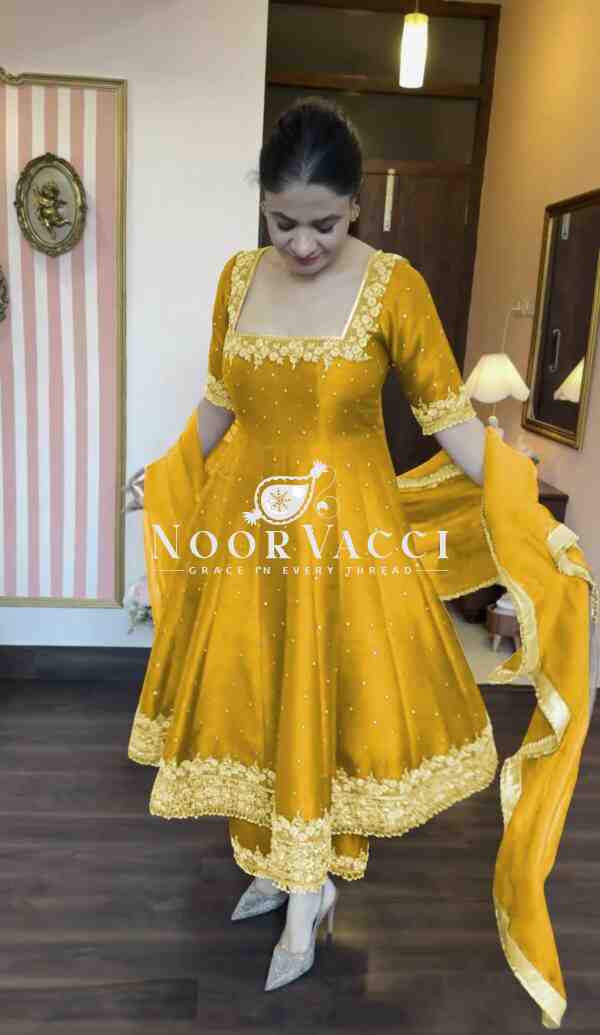 Premium Party Wear Pur Vichitra Silk Anarkali Gown, Dupatta & Pent Plazzo Set