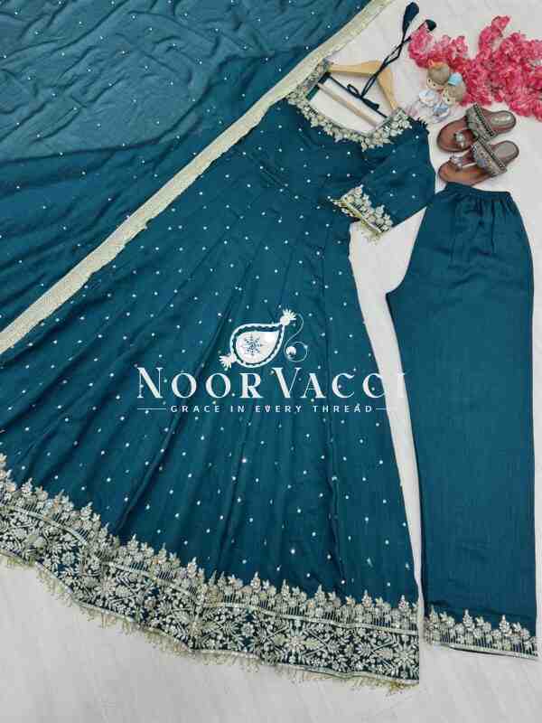 Premium Party Wear Pur Vichitra Silk Anarkali Gown, Dupatta & Pent Plazzo Set - Image 4