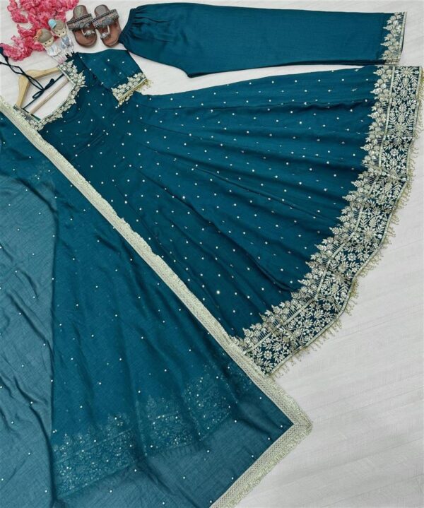 Buy Premium Party Wear Pur Vichitra Silk Anarkali Gown, Dupatta & Pent Plazzo Set - Image 3