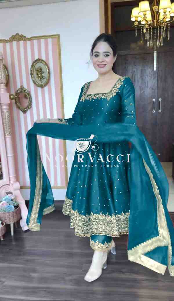 Premium Party Wear Pur Vichitra Silk Anarkali Gown, Dupatta & Pent Plazzo Set - Image 2