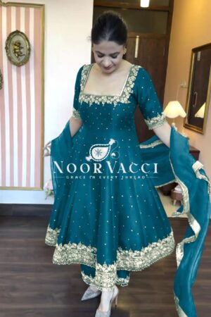 Buy Premium Party Wear Pur Vichitra Silk Anarkali Gown, Dupatta & Pent Plazzo Set